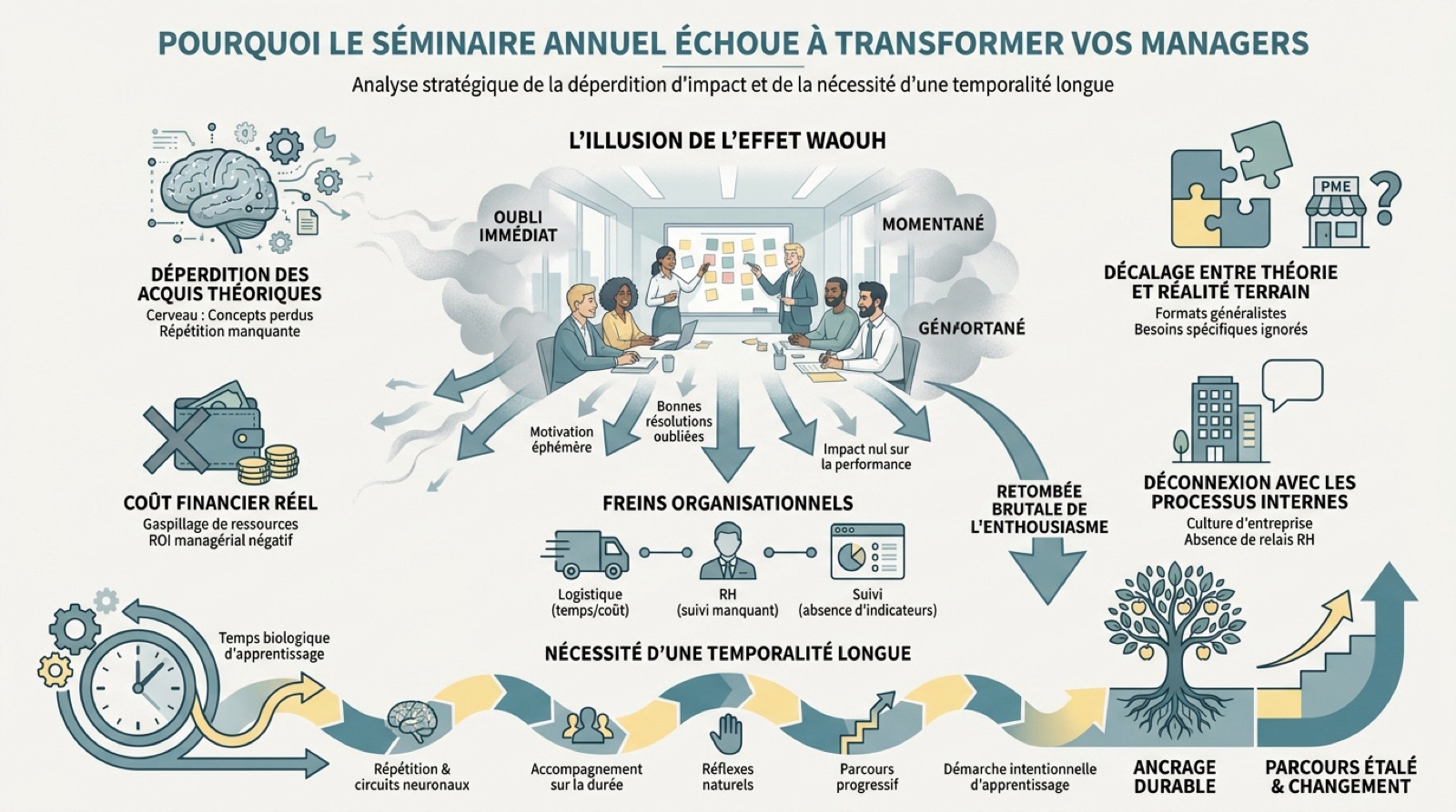 Illustration de l'échec des séminaires managériaux classiques face à la formation longue